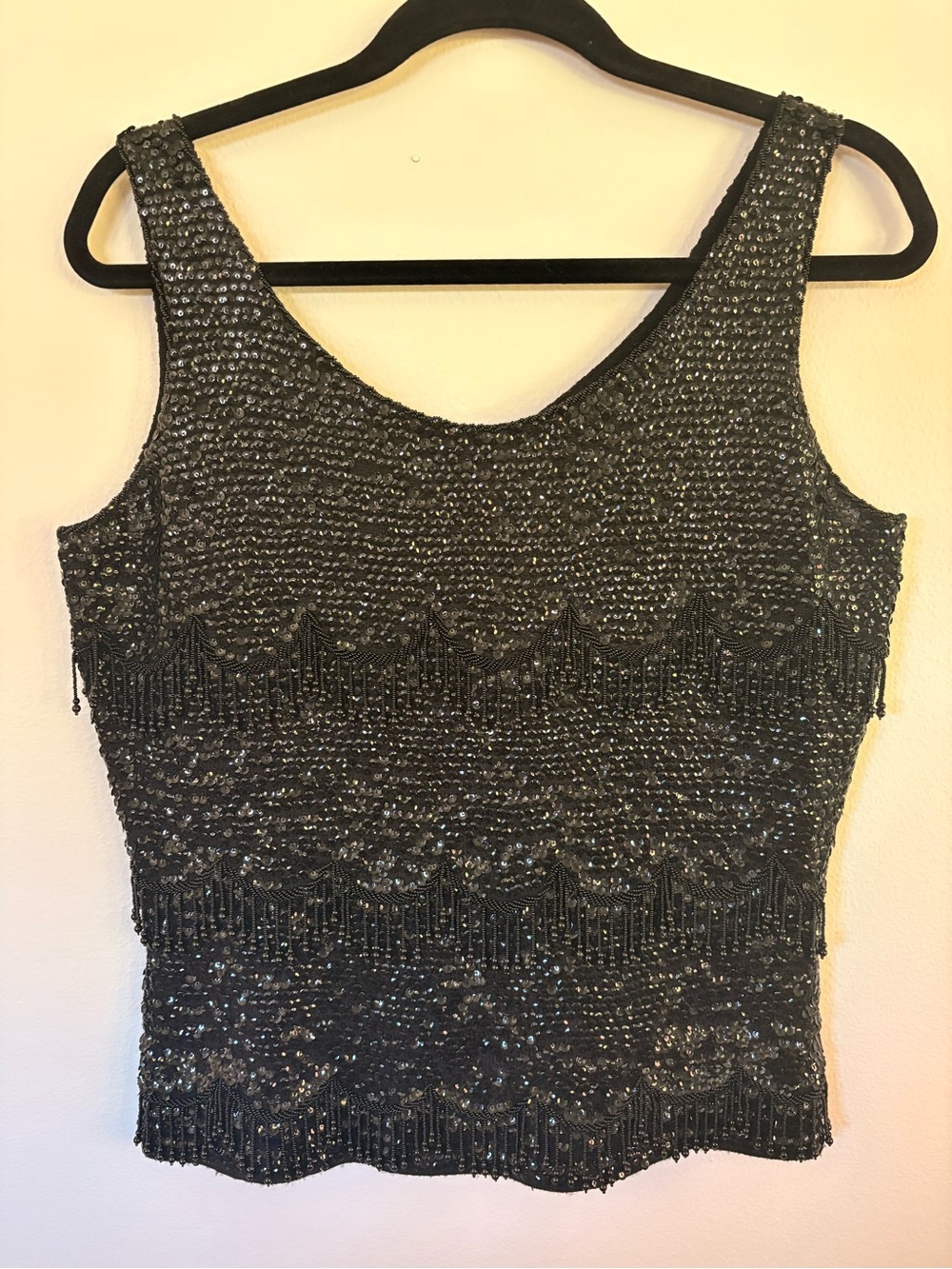 Vintage Hand Beaded Hong Kong 100% Wool Black Sequin Beaded Evening Top